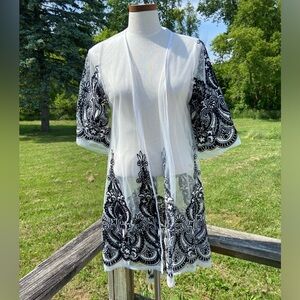 Beachy White + Black Embroidered Paisley Pattern Swim Coverup / Shawl Mechant